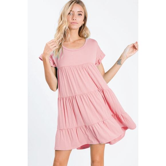 BiBi Jersey Knit Tiered Dress With Ruffled Sleeves in Blush - Picture 1 of 2